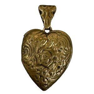 Vintage Heart Shaped Brass Locket Pendant Ornate Repousse Floral Love Forever